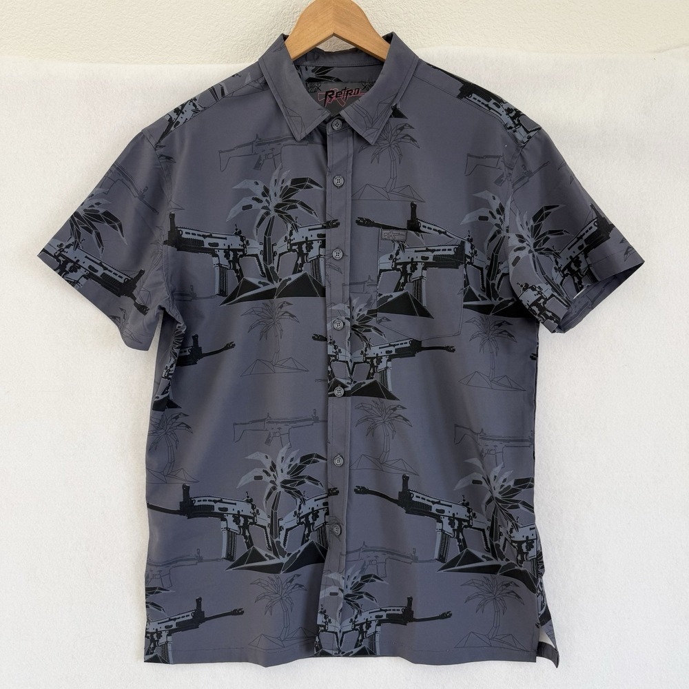 Retro Rifle The Palm Tree Shirt Large Grey Black Stretch Button Down